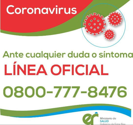 Coronavirus: Ante cualquier duda o síntoma. Línea Oficial: 0800 777 8476